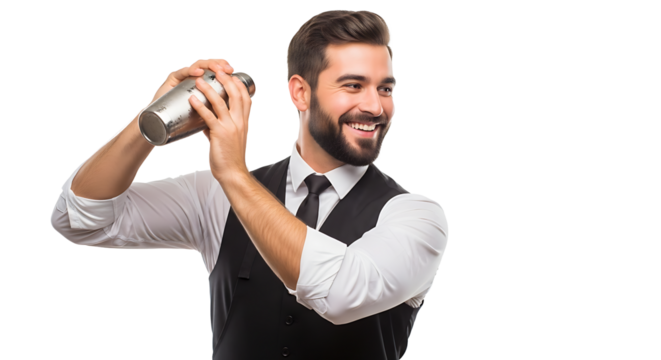 Smiling bartender expertly shaking a cocktail with precision on transparent background