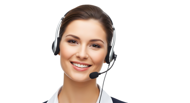 Smiling customer service agent with headset looks forward on transparent background - Powered by Adobe