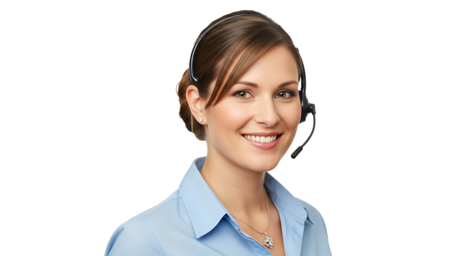 Smiling call center representative wearing headset, isolated on transparent background