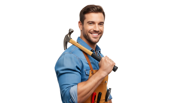 Cheerful carpenter posing confidently with hammer, showcasing expert craftmanship on transparent background