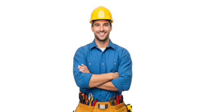 Smiling technician wearing a yellow helmet and tool belt on transparent background