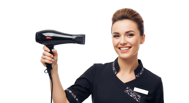 Smiling woman holding hair dryer in beauty salon uniform on transparent background