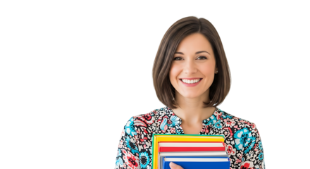 Cheerful woman holding colorful books and smiling warmly on transparent background