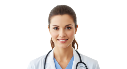 Friendly female doctor portrait with stethoscope smiling gently on transparent background