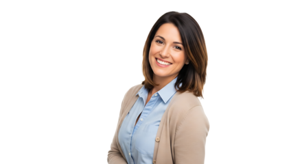 Brunette woman smiling confidently in a professional outfit on transparent background
