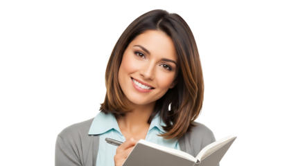 Smiling woman writing in notebook, thoughtful expression on transparent background