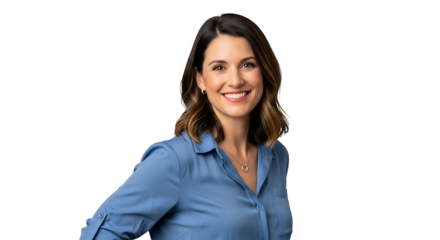Confident brunette woman in blue shirt smiles warmly on transparent background