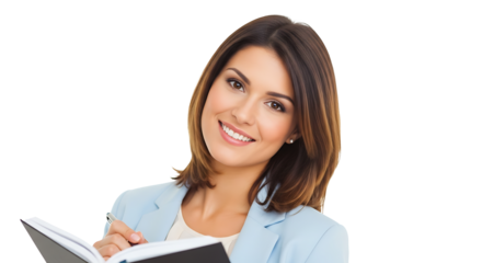 Attractive business woman writing in her planner, isolated on transparent background