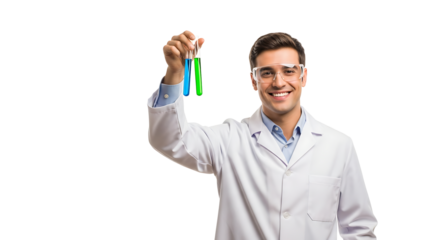 Scientist showing blue and green liquids in test tubes on transparent background
