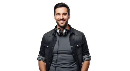 Charming man with silver headphones is smiling broadly on transparent background