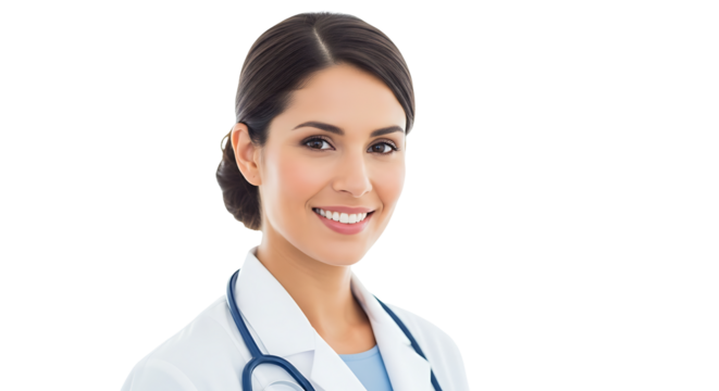 Radiant and charming doctor smiling in white coat on transparent background