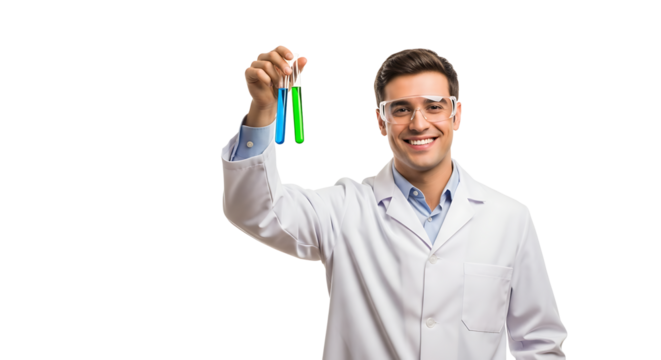 Scientist showing blue and green liquids in test tubes on transparent background