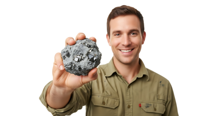 Smiling geologist holding a grey rock sample with crystals on transparent background