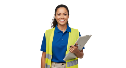 Smiling woman in safety vest holding clipboard and pen on transparent background