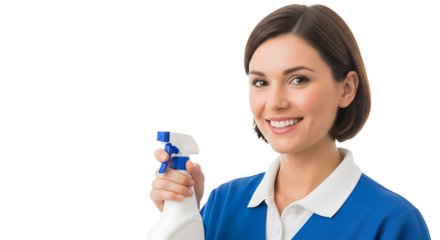 Smiling woman with spray bottle, cleaning professional look, on transparent background
