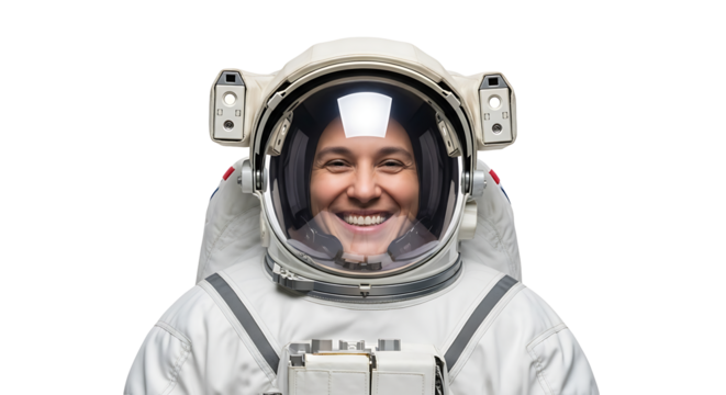 Smiling astronaut portrait inside spacesuit on transparent background - Powered by Adobe