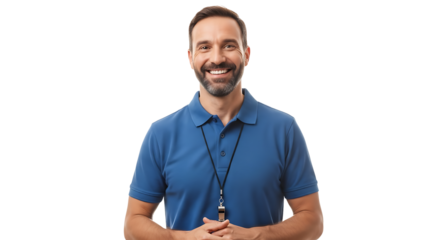 Smiling male coach with whistle on lanyard isolated on transparent background