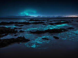 Dunkle Felsen, strahlende blaue Wellen, sternenklarer Himmel, die magische Ruhe der See unter dem Sternenzelt, wo jede Welle ein flackerndes Lichtspiel spiegelt