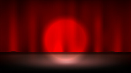 Spotlight on Stage Red Curtain, Vector Illustration
