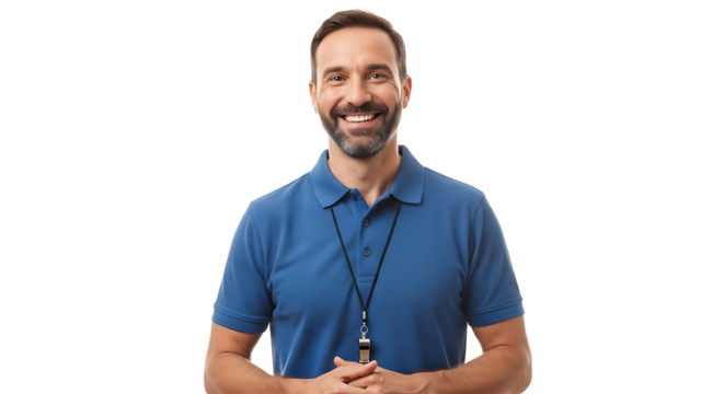 Smiling male coach with whistle on lanyard isolated on transparent background
