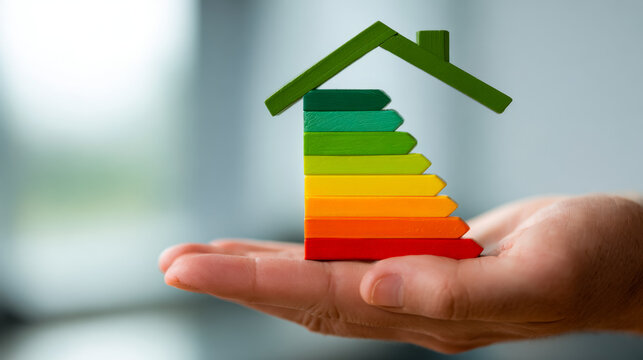 Person holding a colorful miniature house shaped energy efficiency rating chart symbolizing sustainable living and environmental awareness in their open palm