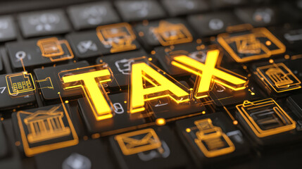 Glowing yellow tax word on a computer keyboard surrounded by financial and legal icons representing digital taxation and online financial management concepts