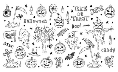 A large set of elements for Halloween design in doodle style. Hand-drawn illustrations of scarecrows, ghosts, and pumpkins - spooky elements for Halloween design