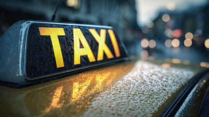 Close-up of a rainy taxi sign illuminated with bold yellow letters on a wet vehicle surface amidst city lights at dusk