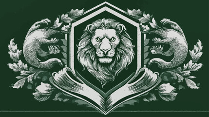 Vintage heraldic crest with majestic lion head, flanked by powerful bears and ornate foliage, classic engraving style.
