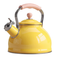 A glossy yellow whistling tea kettle with a charming pink handle and shiny chrome accents is isolated on a black background