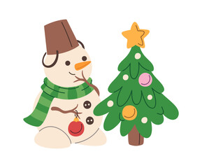 Christmas snowman decorating fir tree