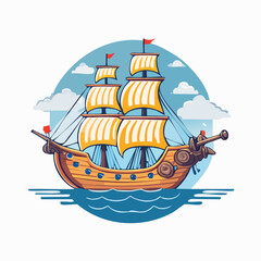 Cartoon Illustration of a Sailing Ship on the Ocean