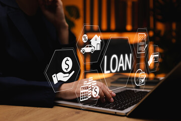 Loan and lending cash concept. Person using laptop with Loan and financial icon, illustrating online loan application, personal finance, mortgage, asset purchase, interest and digital banking services