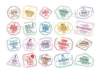 Worldwide travel stamps collection with sightseeing attraction design and country destination place © wooster