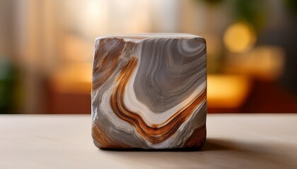 a close up reveals a rough hewn cubic stone resting on a light colored surface against a blurred backdrop its variegated hues blend grays browns and oranges in swirling patterns