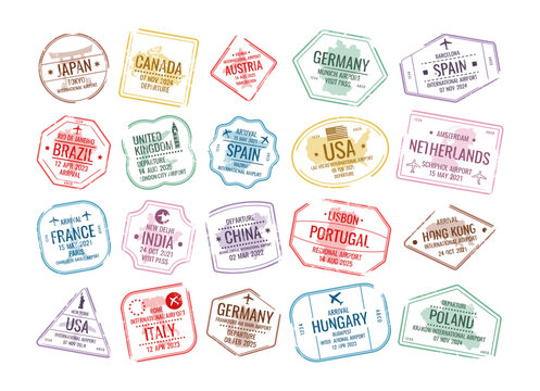 Worldwide travel stamps collection with sightseeing attraction design and country destination place