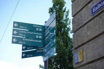Signpost With Sights In Fürth, Germany. 