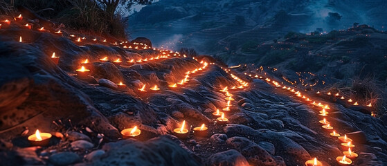 Candlelit procession illuminating a serene mountain landscape at twilight