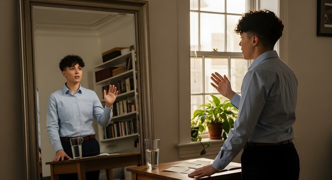 A person practicing their speech in front of a mirror