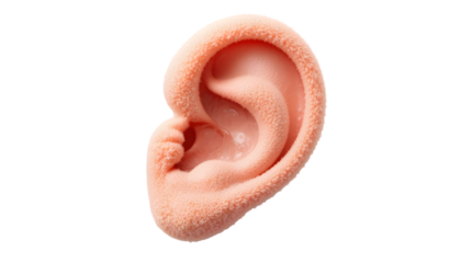 Human ear model anatomical study aid isolated on white background for medical education and hearing aid concepts