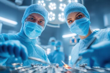 Intense portrait of male and female surgeons in sterile blue surgical gowns focused during surgical procedure in brightly illuminated operating room environment.