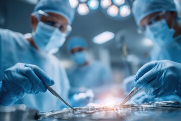 Team of professional surgeons performing an operation, illuminated operating room, sterile medical equipment and surgeons with protective face masks, gloves and gown, light and shadow.