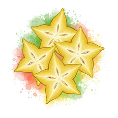 Obraz premium Starfruit slices with watercolor splash effect, perfect for vibrant food blog headers or exotic culinary designs that add a tropical twist to your project