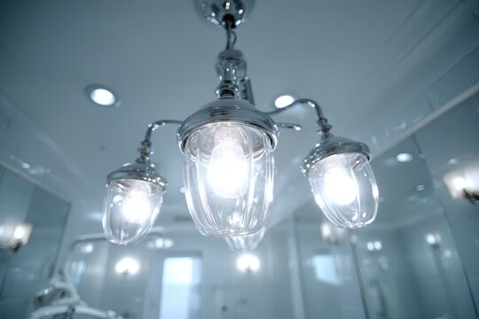 An elegant chandelier with decorative glass shades and incandescent bulbs hanging from ceiling, creating a soft and warm illumination in a modern setting. - Powered by Adobe