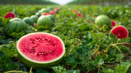 Freshly harvested ripe watermelons with bright red flesh and black seeds resting amid green vines in an expansive sunlit farm field during harvest season