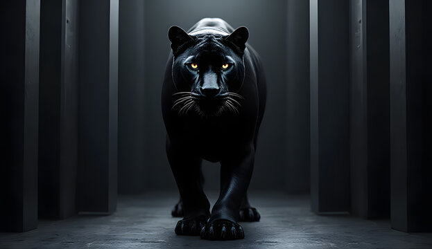 Powerful black panther walking forward dramatic lighting in a dark corridor symbolizing strength and mystery