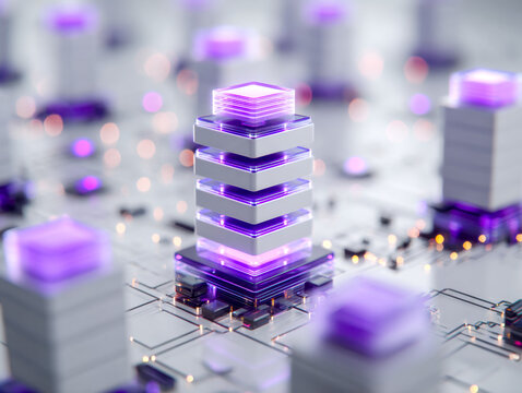 Futuristic data storage technology with glowing stacked circuits and vibrant purple accents