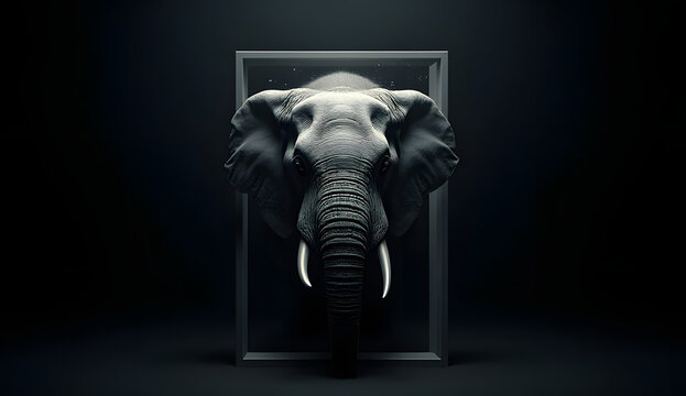 Elephant head in a frame black and white animal portrait conceptual art for decoration and design
