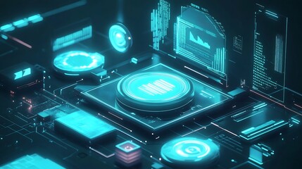 Futuristic circuit board with glowing blue digital interface