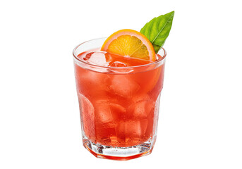 A refreshing red russian cocktail with ice cubes and orange slice on a transparent glass isolated shot on transparent background